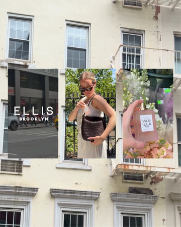 A collage-style photo set featuring a beige building facade in the background, a woman outdoors putting VANILLA RICE Eau de Parfum 50ml into a dark woven shoulder bag, a close-up of a hand holding VANILLA RICE Eau de Parfum 50ml surrounded by flowers, and a street scene with a white 'ELLIS BROOKLYN' logo.