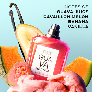 Guava Granita 50ml Eau De Parfum with cap removed in pink sorbet with slice of guava, banana slice, cantaloupe slices and vanilla beans against blue background with black text that reads 