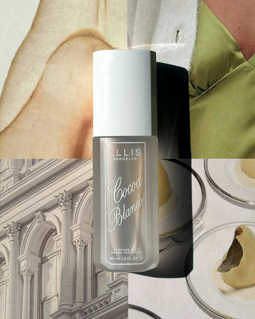 COCOA BLANCO Perfume Mist 90ml set against a collage of pears, a woman in a green shirt and white sweater, white classic architecture, and white, silver rimmed plates with pears on them.