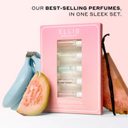 Best Sellers Discovery Set between blue bananas, slice of guava, vanilla bean, and slice of pink pineapple on a white surface with a pink background with black text that reads 
