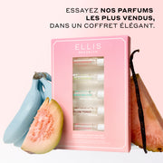 Coffret Découverte Meilleures Ventes entre bananes bleues, tranche de goyave, gousse de vanille et tranche d'ananas rose sur une surface blanche avec un fond rose et un texte noir qui dit « Essayez nos parfums les plus vendus, dans un coffret élégant. »