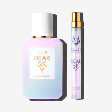 Dear Sky 50ml Eau De Parfum and Dear Sky 10ml Eau De Parfum Travel Spray on white background. | english_image
