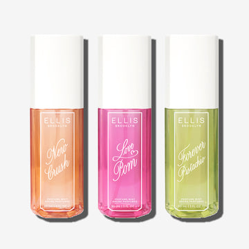 NEW CRUSH Perfume Mist 90ml, LOVE POM Perfume Mist 90ml, FOREVER PISTACHIO Perfume Mist 90ml on white background | english_image
