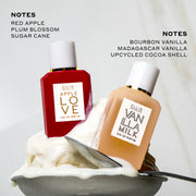 Apple Love 7.5ml Eau De Parfum Mini Dabber and Vanilla Milk 7.5ml Eau De Parfum Mini Dabber in small bowl with vanilla ice cream and spoon on marble background under black text that reads 