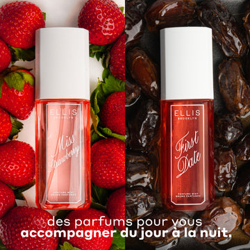 Brume Parfumée MISS STRAWBERRY 90ml sur fond de fraises sur une surface blanche et Brume Parfumée FIRST DATE 90ml sur fond de dattes couvertes de sirop de dattes avec un texte blanc qui dit « des parfums pour vous accompagner du jour à la nuit ».