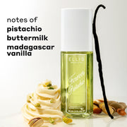 FOREVER PISTACHIO Perfume Mist 90ml between white icing, pistachios, and a vanilla bean against a white background with black text that reads 