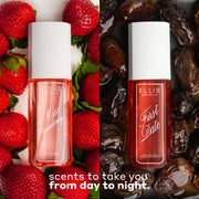 MISS STRAWBERRY Perfume Mist 90ml on background of strawberries on white surface and FIRST DATE Perfume Mist 90ml on background of dates covered in date syrup with white text that reads 