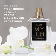 MYTH Eau de Parfum 50ml without cap in front of white flowers on gray background with white text that reads 