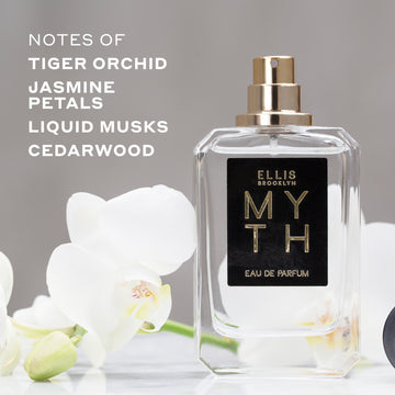 MYTH Eau de Parfum 50ml without cap in front of white flowers on gray background with white text that reads 