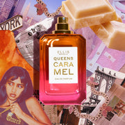 QUEENS CARAMEL Eau de Parfum 50ml sans bouchon sur un collage de la skyline de NYC, journaux, chocolat blanc, colliers avec papillons en strass rose et doré, pull rose et blanc, caramel, pont, et femme aux cheveux noirs portant un débardeur noir tenant un collier doré avec écrit « Queen »