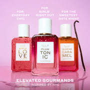 APPLE LOVE Eau de Parfum 50ml, PLUM TONIC Eau de Parfum 50ml, and QUEENS CARAMEL Eau de Parfum 50ml covered in water droplets next to vanilla bean and on top of water puddle on pink background with white text that reads 