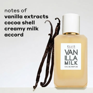 VANILLA MILK 50ml Eau de Parfum next to vanilla beans on gray background with black text that reads 