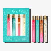 Coffret cadeau FIRST CLASS contenant GUAVA GRANITA Eau de Parfum 10ml, MIAMI NECTAR Eau de Parfum 10ml, QUEENS CARAMEL Eau de Parfum 10ml et VANILLA SALT Eau de Parfum 10ml sur fond blanc