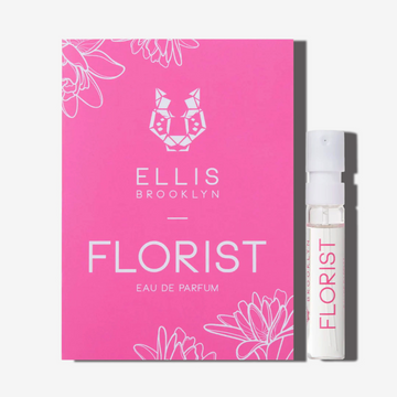 Florist 1.5ml Eau De Parfum Vial next to pink Florist Eau De Parfum vial holder card. | english_image