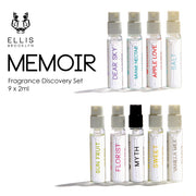 Dear Sky Eau De Parfum 1.5ml Vial, Miami Nectar Eau De Parfum 1.5ml Vial, Apple Love Eau De Parfum 1.5ml Vial, Salt Eau De Parfum 1.5ml Vial, Sun Fruit Eau De Parfum 1.5ml Vial, Florist Eau De Parfum 1.5ml Vial, Myth Eau De Parfum 1.5ml Vial, Sweet Eau De Parfum 1.5ml Vial, and Vanilla Milk Eau De Parfum 1.5ml Vial, on white background with black Ellis Brooklyn logo and black text that reads 