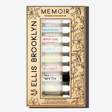 Memoir Fragrance Discovery Set box with beige and black floral design showing Dear Sky Eau De Parfum 1.5ml Vial, Miami Nectar Eau De Parfum 1.5ml Vial, Apple Love Eau De Parfum 1.5ml Vial, Salt Eau De Parfum 1.5ml Vial, Sun Fruit Eau De Parfum 1.5ml Vial, Florist Eau De Parfum 1.5ml Vial, Myth Eau De Parfum 1.5ml Vial, Sweet Eau De Parfum 1.5ml Vial, and Vanilla Milk Eau De Parfum 1.5ml Vial, on white background. | english_image
