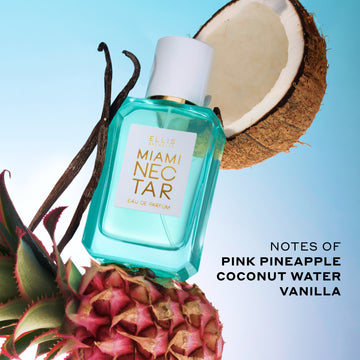 Miami Nectar 50ml Eau De Parfum with pink pineapple, vanilla beans, and coconut on light blue background with black text that reads 