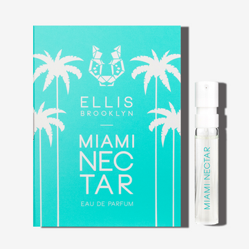 Miami Nectar 1.5ml Eau De Parfum Vial next to teal Miami Nectar Eau De Parfum vial holder card. | english_image