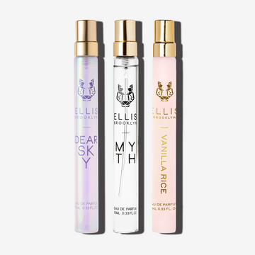 DEAR SKY Eau de Parfum 10ml, MYTH Eau de Parfum 10ml, and VANILLA RICE Eau de Parfum 10ml on white background