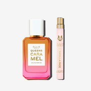 50mL bottle of Queens Caramel eau de parfum next to a 10mL travel size bottle of Vanilla Rice set in front of a white background.