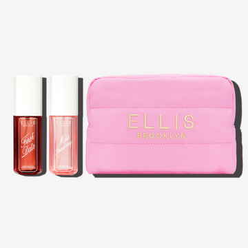 FIRST DATE 90ml Perfume Mist, MISS STRAWBERRY 90ml Perfume Mist, and Pink Cosmetic Bag with gold embroidered Ellis Brooklyn logo on white background | english_image