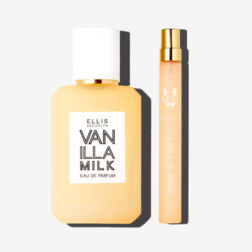Vanilla Milk 50ml Eau De Parfum and Vanilla Milk 10ml Eau De Parfum Travel Spray on white background. | english_image