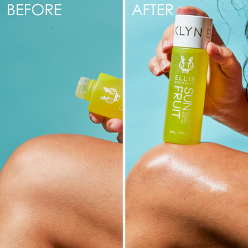 Model before and after applying Sun Fruit Golden Glistening Scented Body Oil 95ml on leg, on blue background.